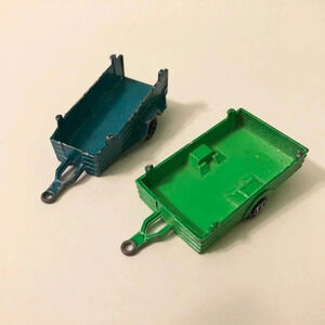 Vintage  Lot of 2 Majorette Single Axle Trailers Blue and Green Diecast France